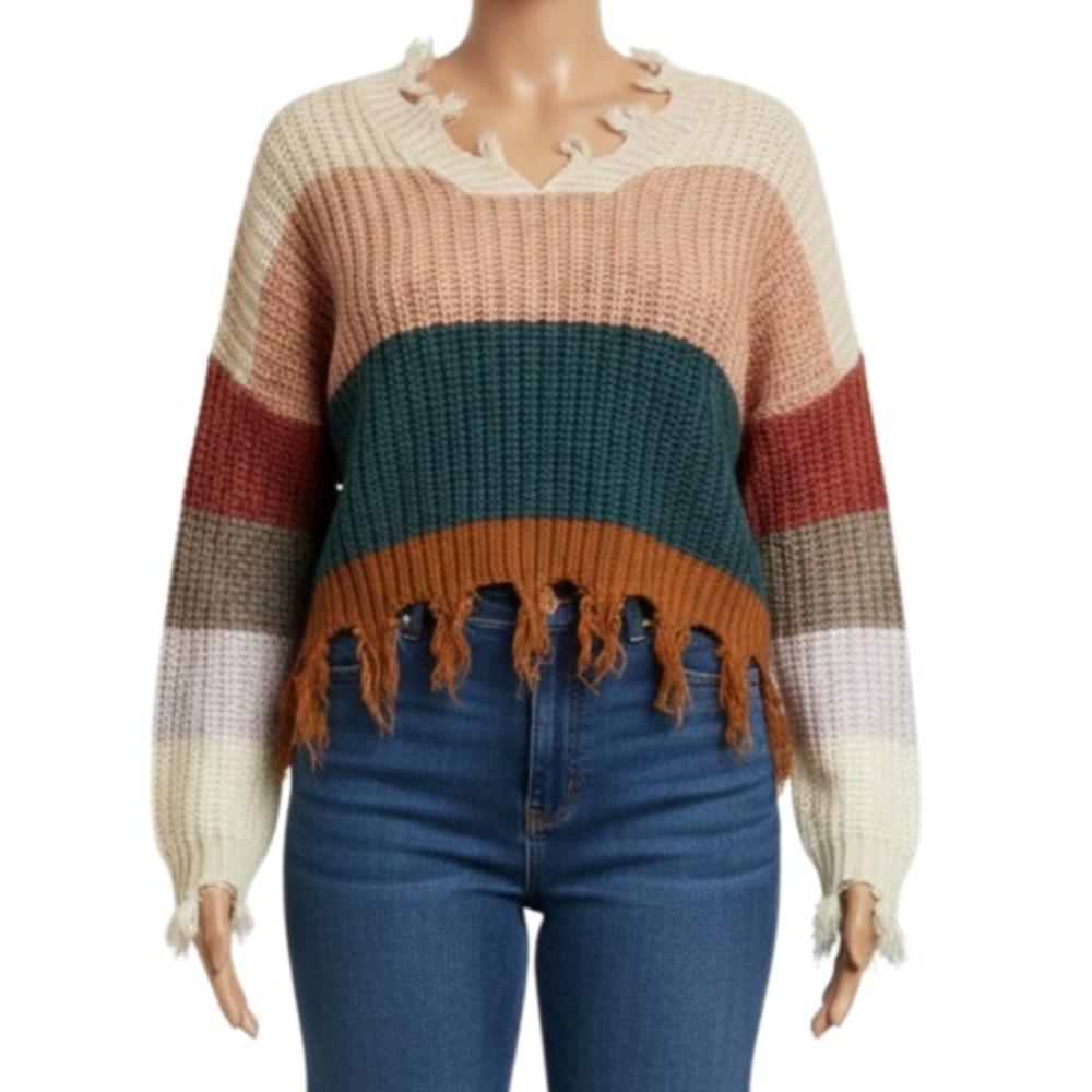 On The Road Colorblock Sweater Festival Fringe Striped Women Small Medium Boho